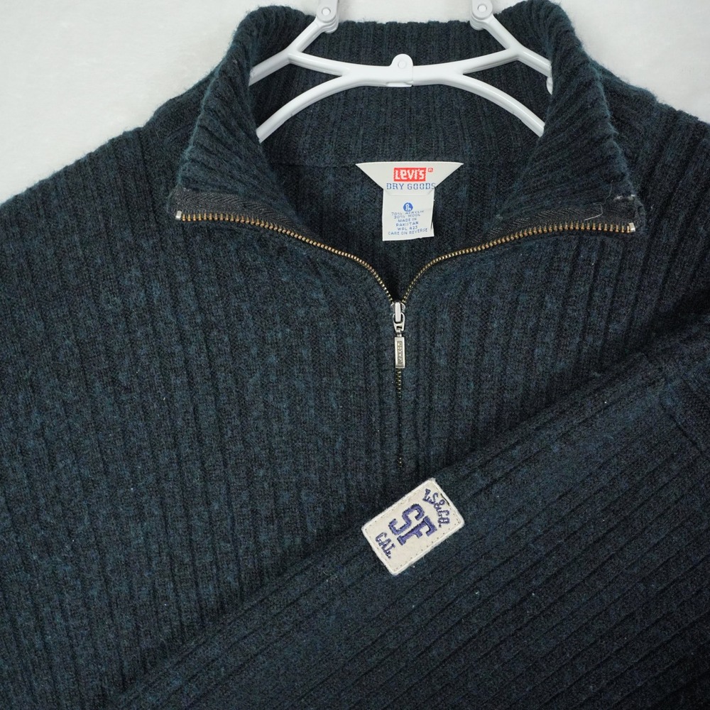 Vtg Y2K Levis Dry Goods Mens 1/4 Zip Ribbed Wool Blend Sweater Large SF CAL‎